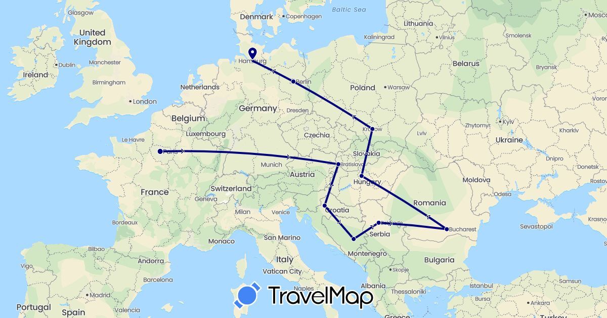 TravelMap itinerary: driving in Bosnia and Herzegovina, Germany, France, Croatia, Hungary, Poland, Romania, Serbia, Slovakia (Europe)